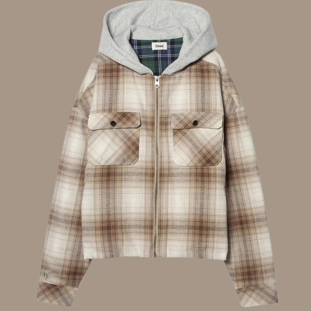 Flannel with hoodie and zipper. "Bk" embroidered on the wrist.